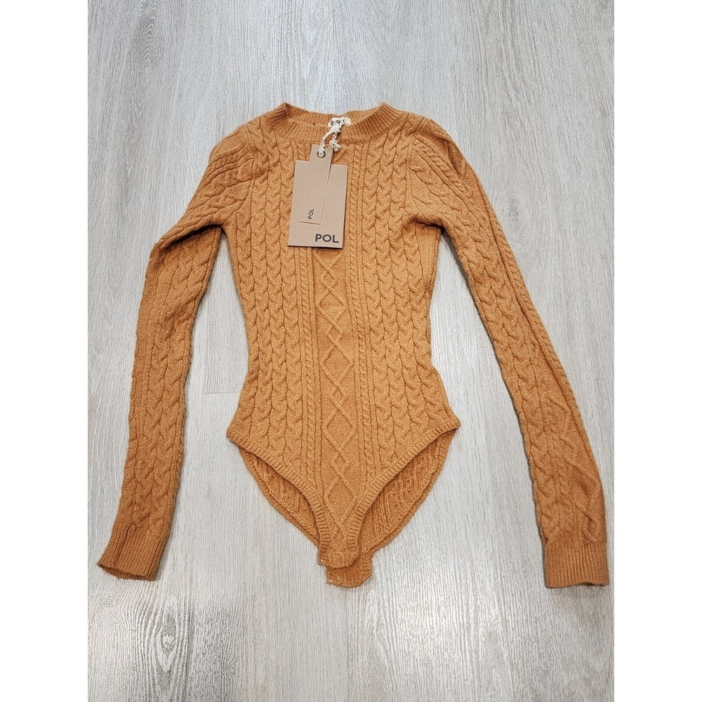 POL YST195 Bodysuit Womens S Brown Solid Cable Knit Long Sleeve Open Back